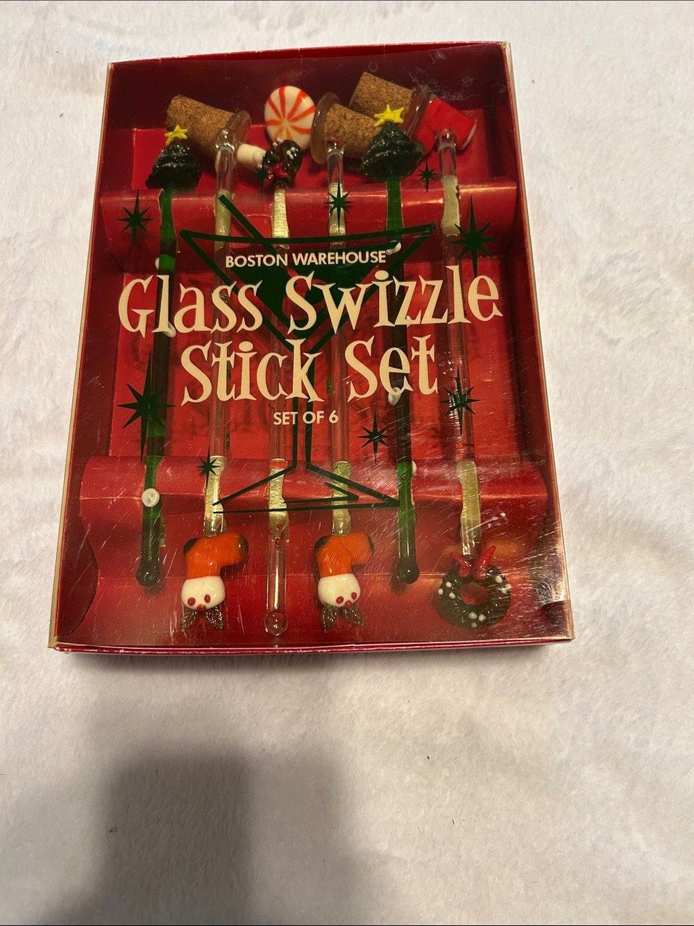 Boston Market Set of 6 Swizzle Stick stirs & 3 Corks Christmas Whimsical Glass